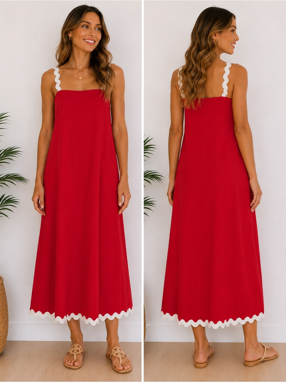 Bellambra Maxi Dress Womens XL Red Scalloped Cotton Blend A-Line Sundress NWT
